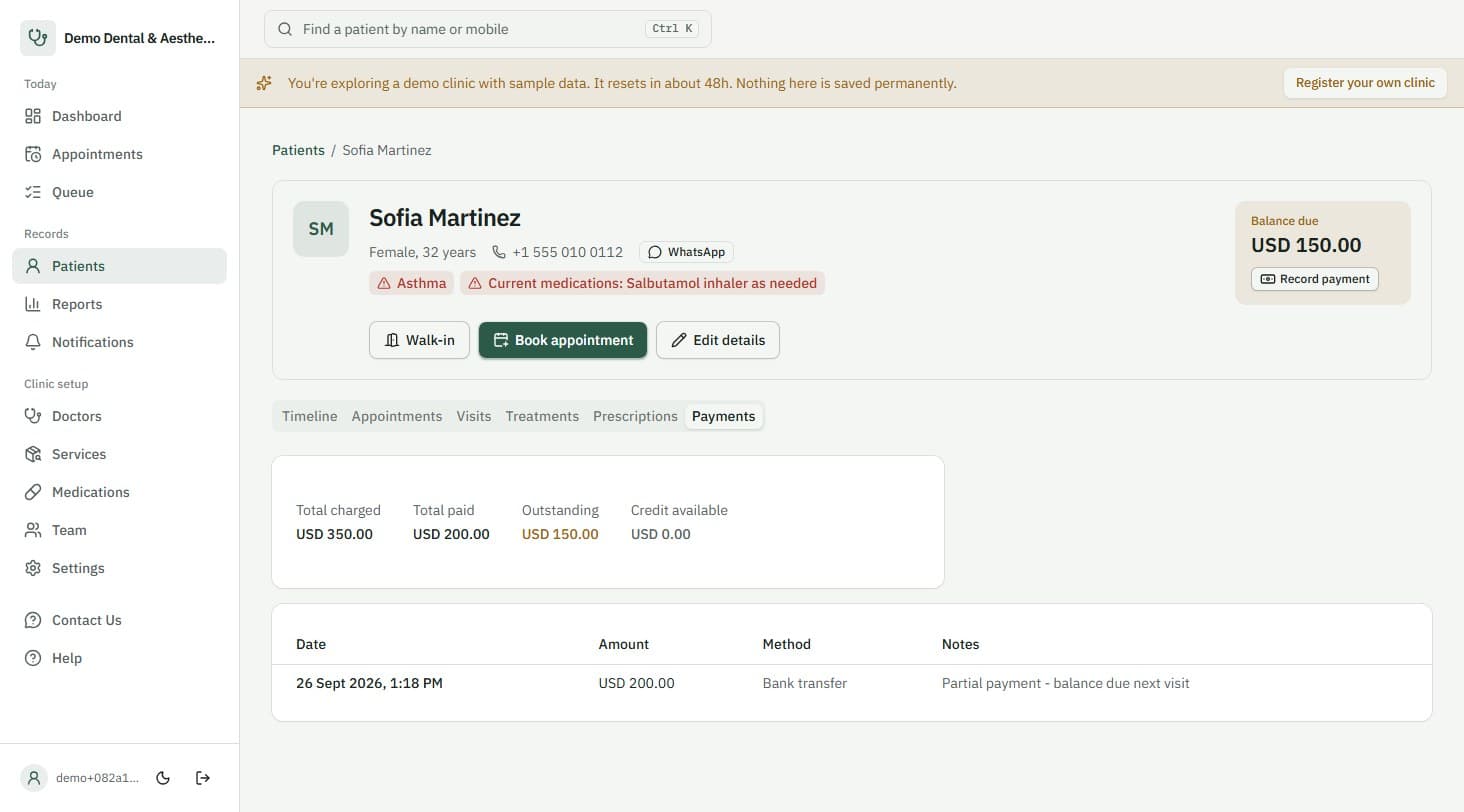 ClinicSorted payments tab with total charged, paid, outstanding and credit